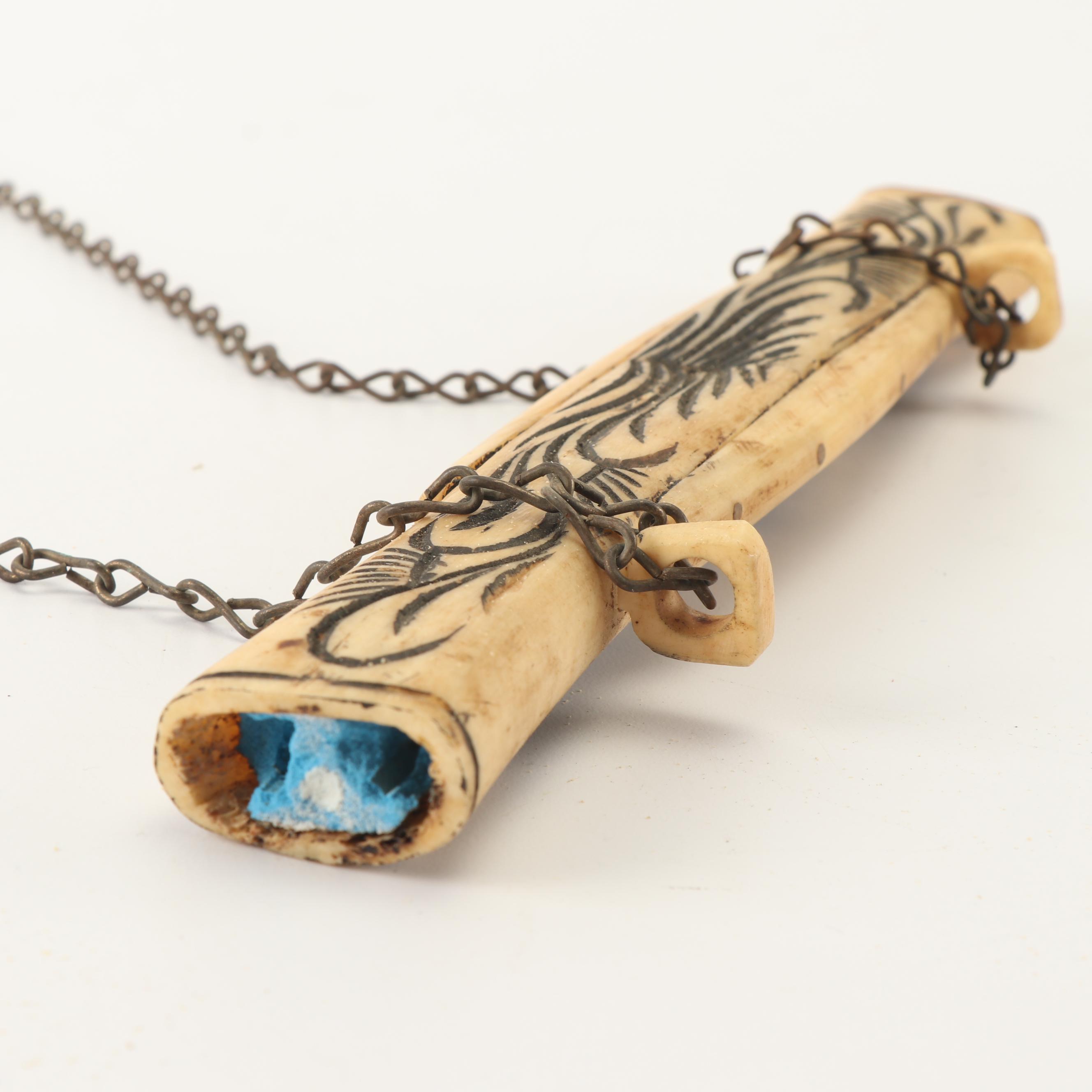 Indonesian Style Carved Bone Dragon Blow Gun with Dart Case and Holder