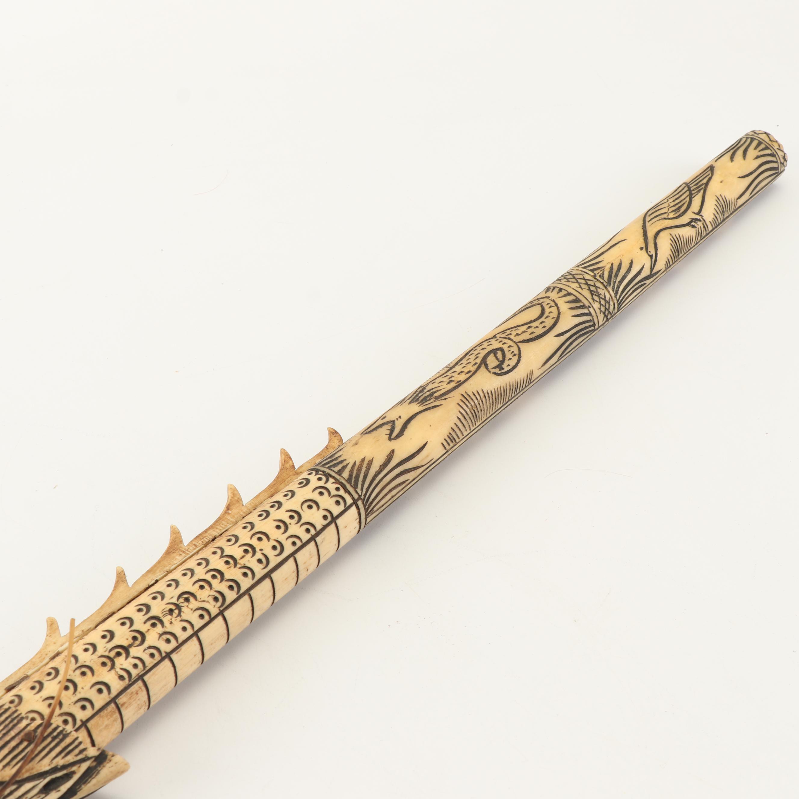 Indonesian Style Carved Bone Dragon Blow Gun with Dart Case and Holder