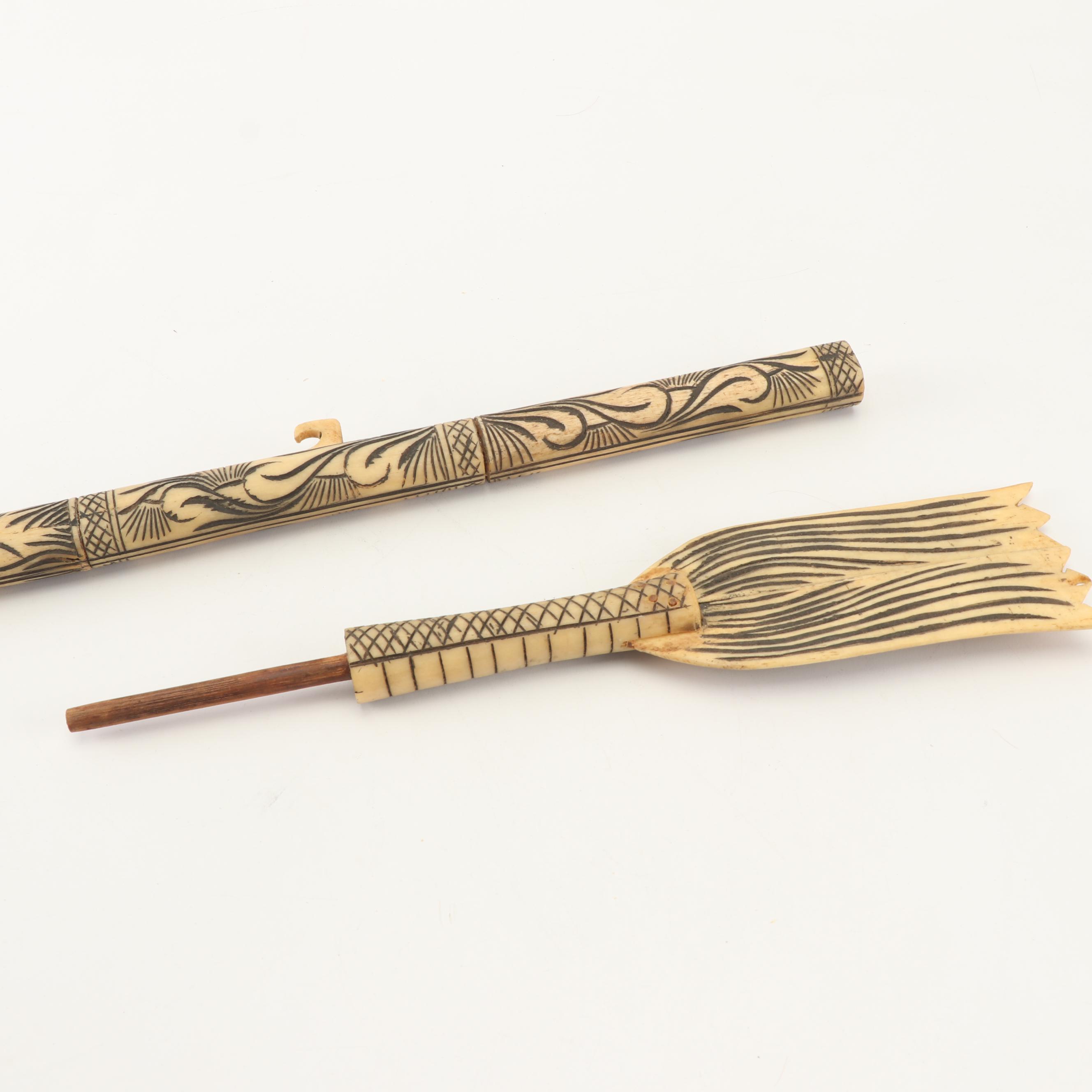 Indonesian Style Carved Bone Dragon Blow Gun with Dart Case and Holder