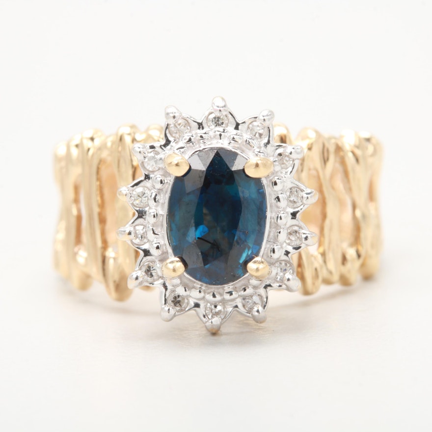 14K Yellow and White Gold Blue Sapphire and Diamond Ring