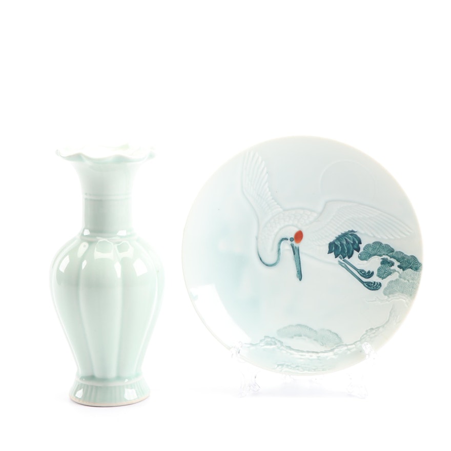 Celadon Vase and Hand-Painted Bowl with Bird Design