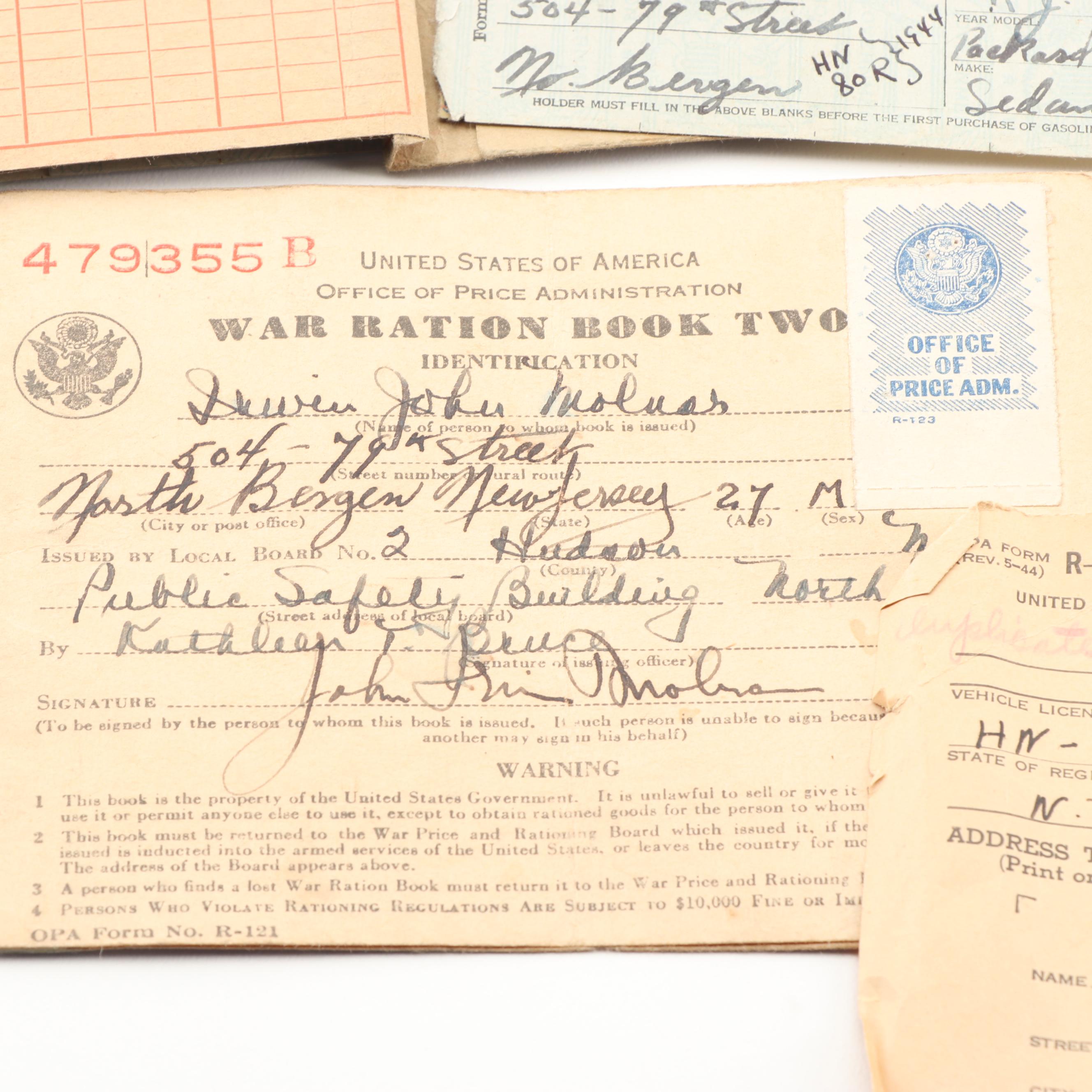 World War II Era United States Fuel Rationing Coupons and Cards