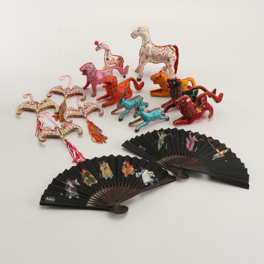 Chinese Hand-Painted Paper Fans with Felt Animal Ornaments