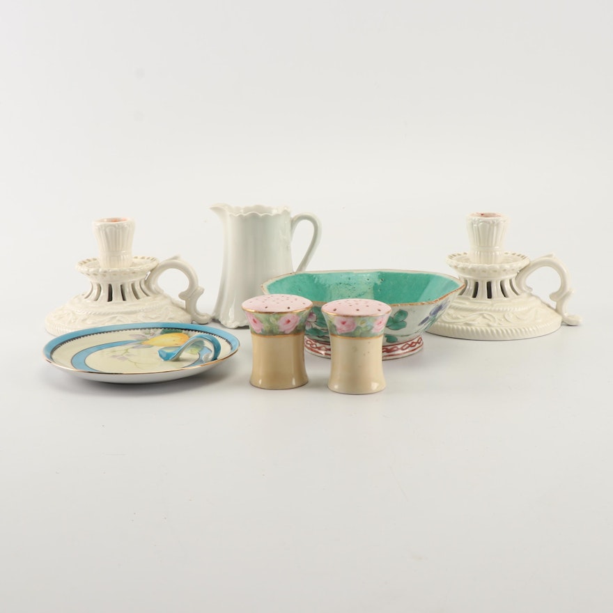 Porcelain Tableware Featuring Haviland Pitcher with Italian Chambersticks