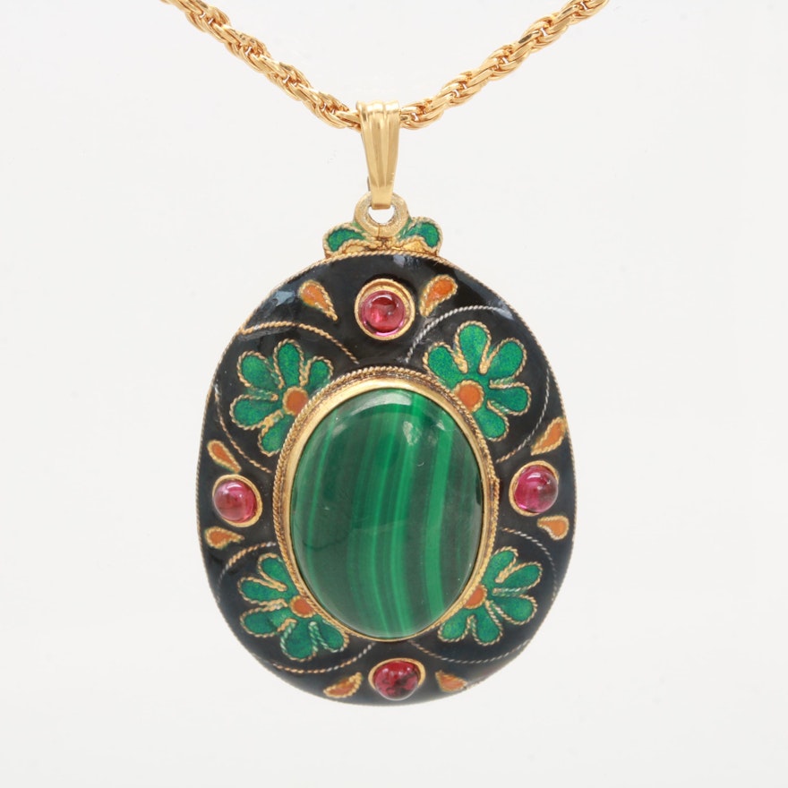 Gold Wash on Sterling Silver Malachite, Garnet and Enamel Necklace