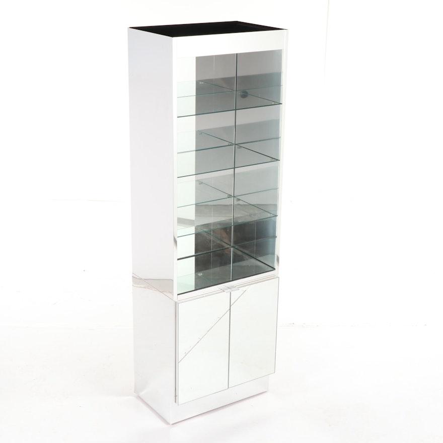 Contemporary Two-Piece Silver Laminate Display Cabinet with Mirrored Panels