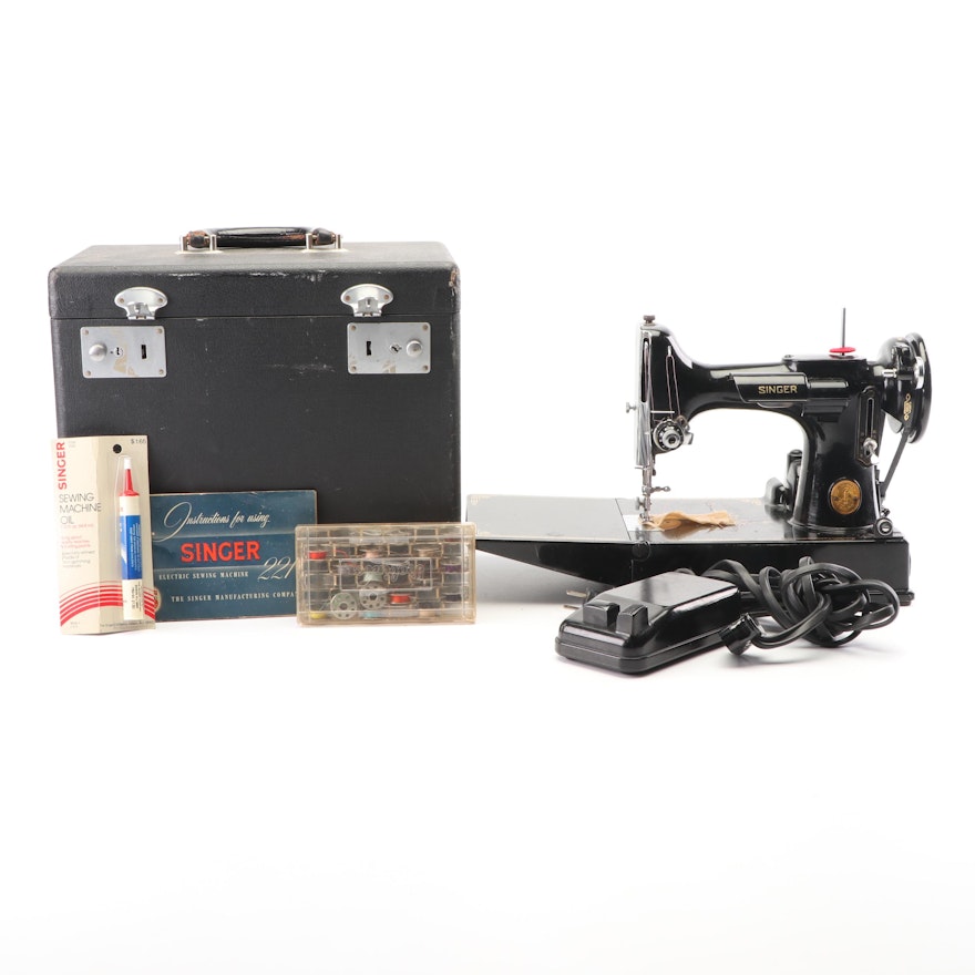 Singer Featherweight Model 221 Sewing Machine and Accessories, circa 1950s