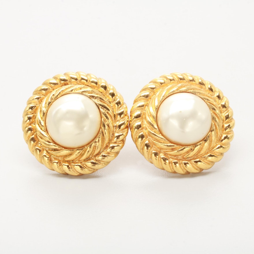 Circa 1980s Chanel Gold Tone Imitation Pearl Earrings