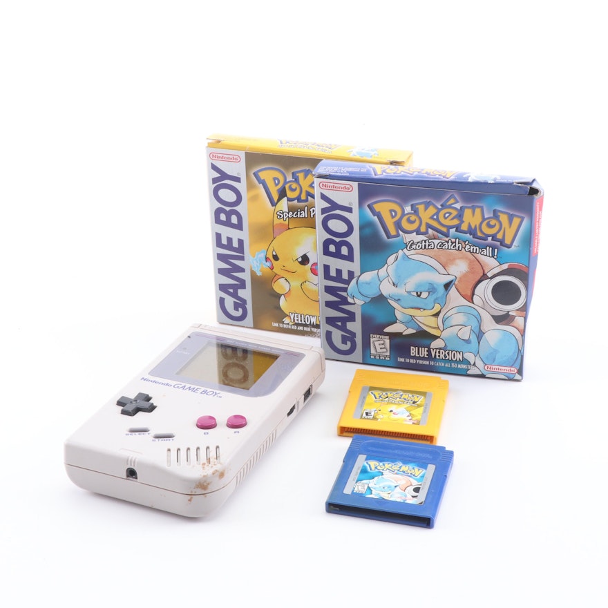 Nintendo Game Boy with "Pokémon Blue" and "Pokémon Yellow"