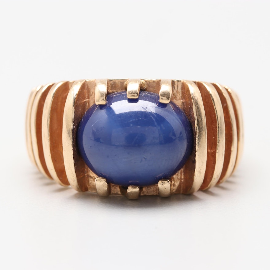 Circa 1970s 14K Yellow Gold Synthetic Blue Sapphire Ring