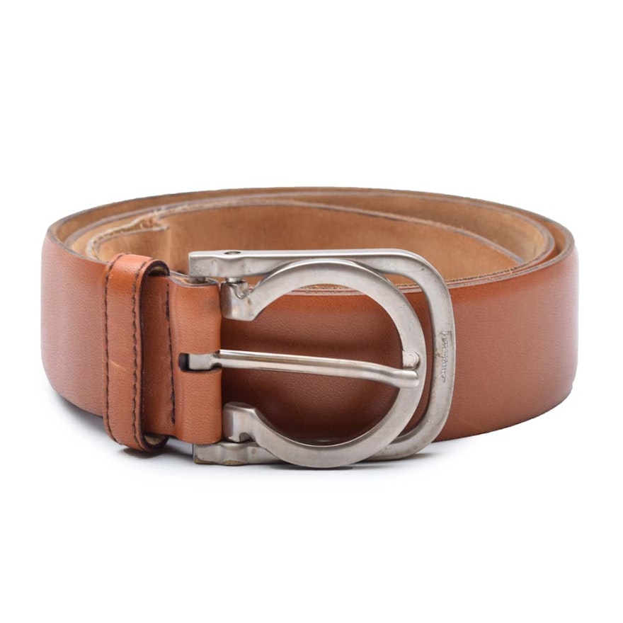 Men's Salvatore Ferragamo Cognac Leather Belt with Silver Tone Buckle