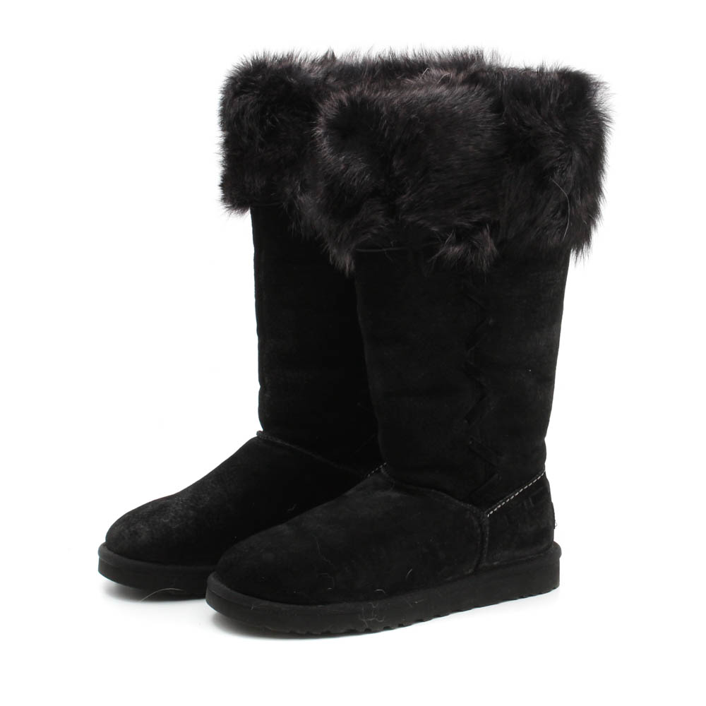 UGG Australia Rosana Black Suede Faux Fur Trimmed Shearling Boots