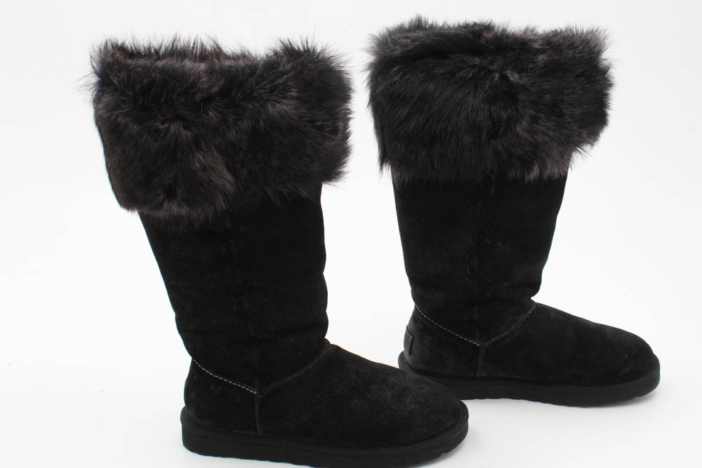 UGG Australia Rosana Black Suede Faux Fur Trimmed Shearling Boots