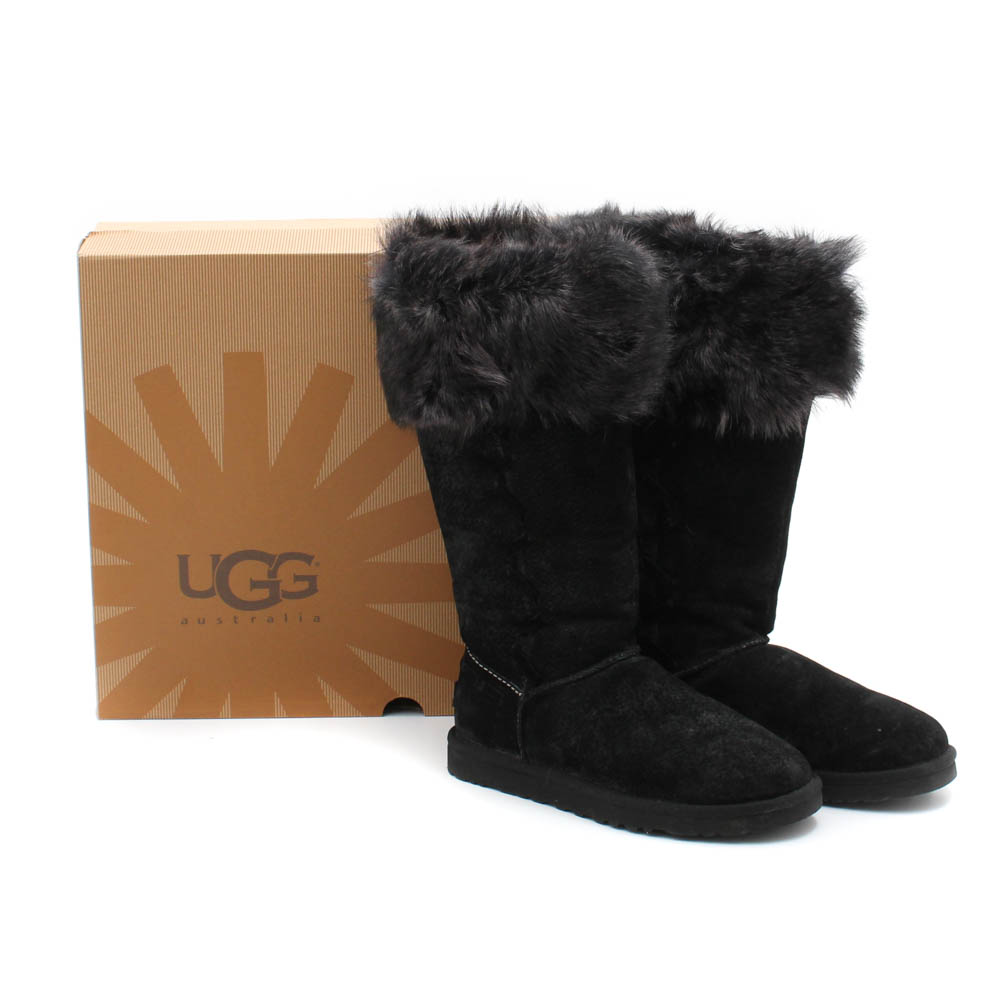 UGG Australia Rosana Black Suede Faux Fur Trimmed Shearling Boots
