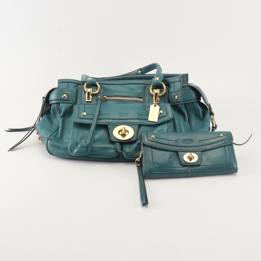 Coach Lindsay Hampton Teal Leather Satchel and Matching Wristlet Wallet