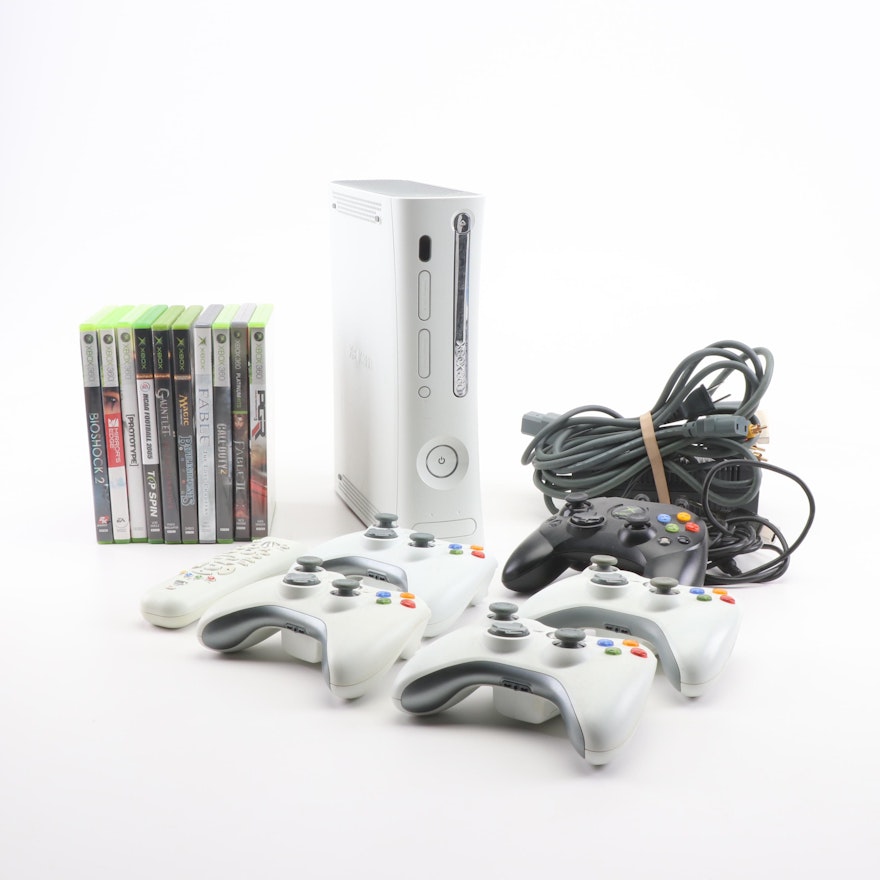 Microsoft Xbox 360 with Controllers, Games, and Remote