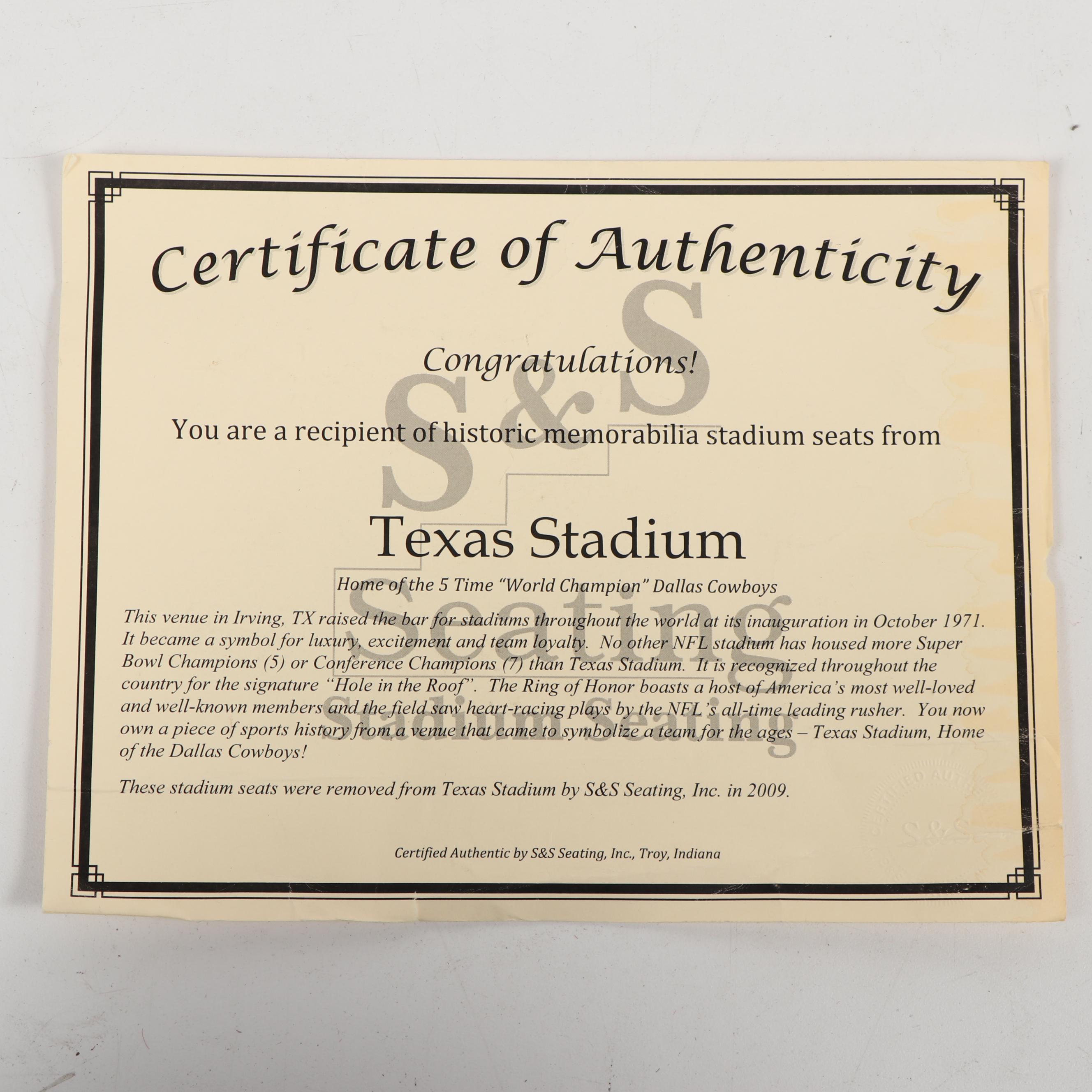 Dallas Cowboys Texas Stadium Seats with Riser, 1971-2009