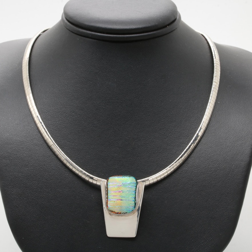 Signed Sterling Silver Dichroic Glass Necklace