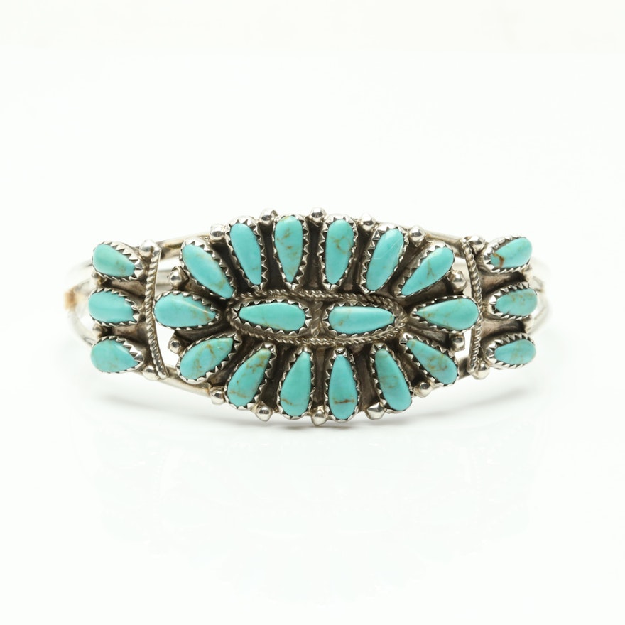 Southwestern Style P. Jones Sterling Silver Turquoise Cuff Bracelet