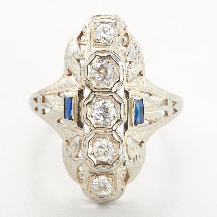 Art Deco 18K White Gold Diamond and Synthetic Sapphire Openwork Ring