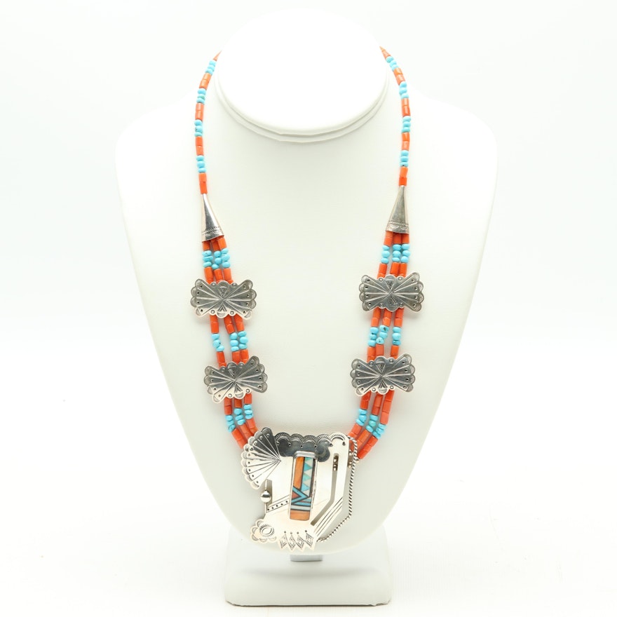 Southwestern Style Sterling Silver "Sleeping Beauty Coral" Necklace