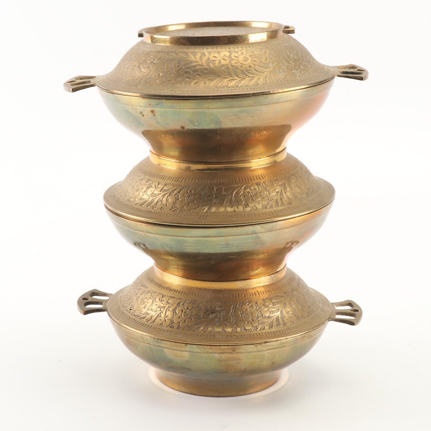 Indian Style Etched Brass Tiered Tiffin Lunch Box