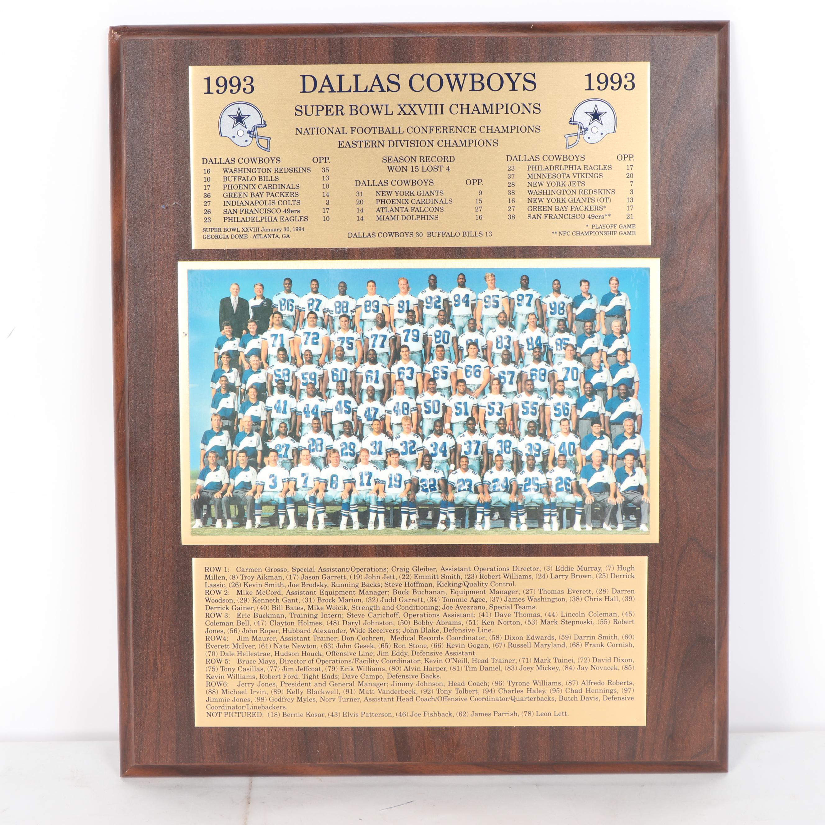 Dallas Cowboys 1993 Team Photograph Plaque with Superbowl XXVIII Program