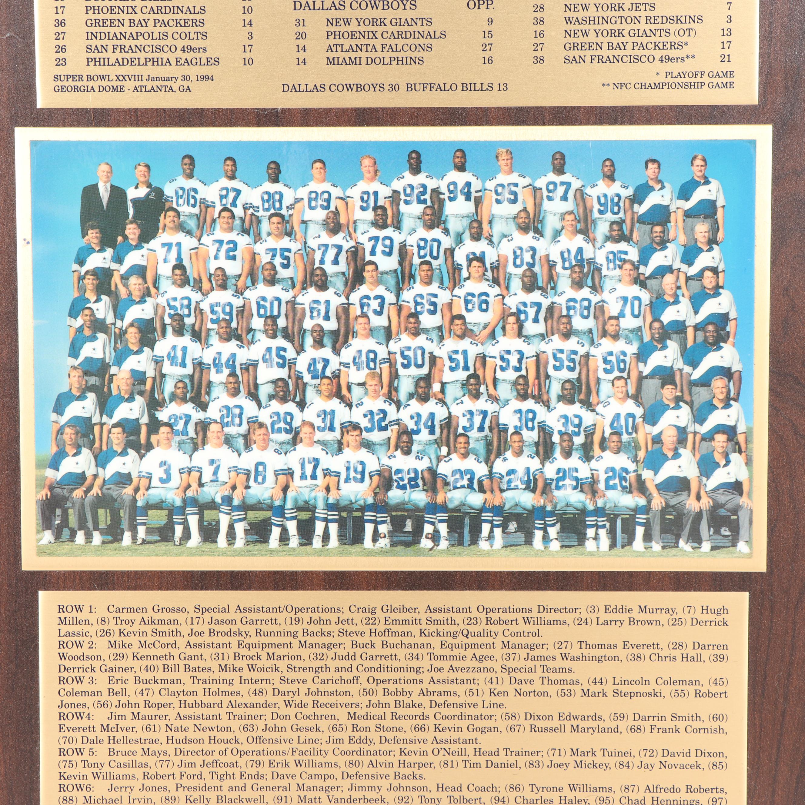 Dallas Cowboys 1993 Team Photograph Plaque with Superbowl XXVIII Program