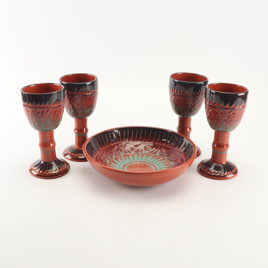 Virginia Silas Navajo Sgraffito Bowl with Terracotta Goblets
