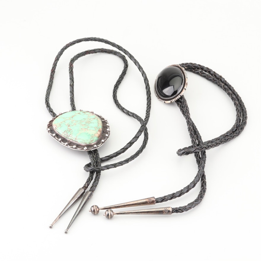 900 Silver Turquoise and Black Onyx Leather Bolo Ties