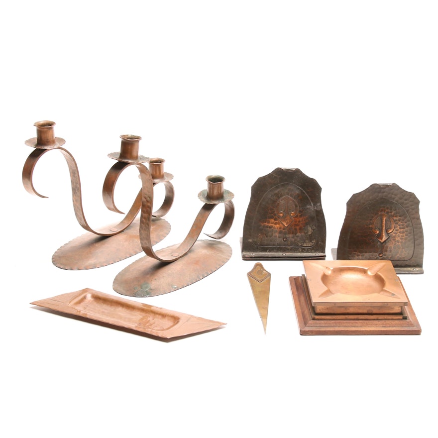 Arts and Crafts Copper Desk Accessories and Candelabra