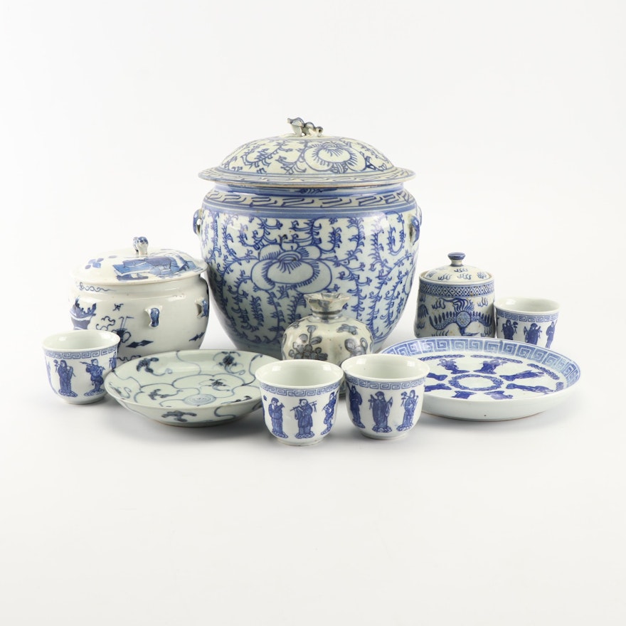 Chinese Blue and White Pottery Pieces featuring Hand-Painted