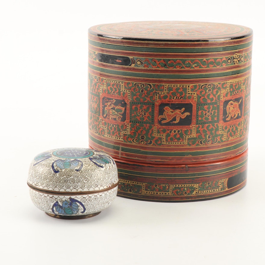 Burmese Hand-Painted Lacquer Nesting Boxes and Chinese Cloisonné Opium Box