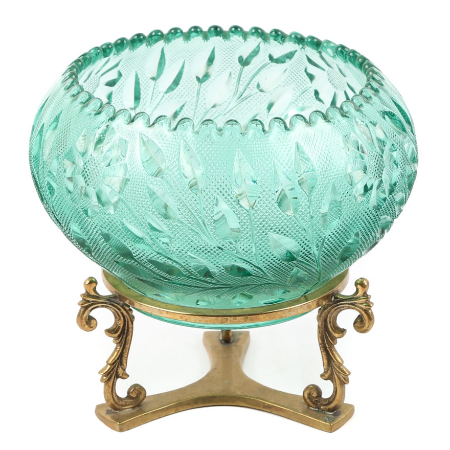 Fenton Green Glass Centerpiece Bowl with Brass Stand