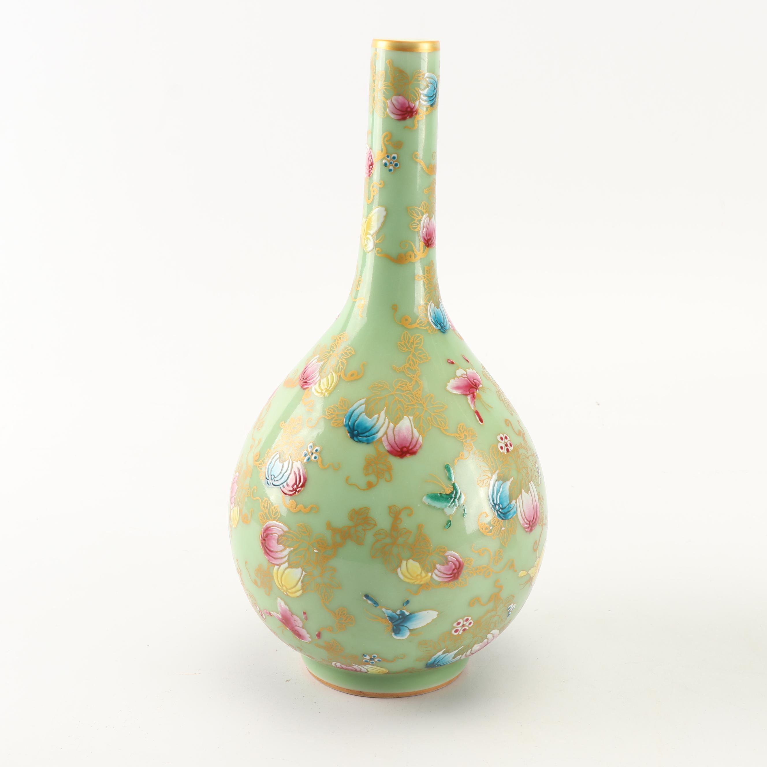 Chinese High Relief Dragon Vase and Celadon Glazed Vase with Overglaze Enamel