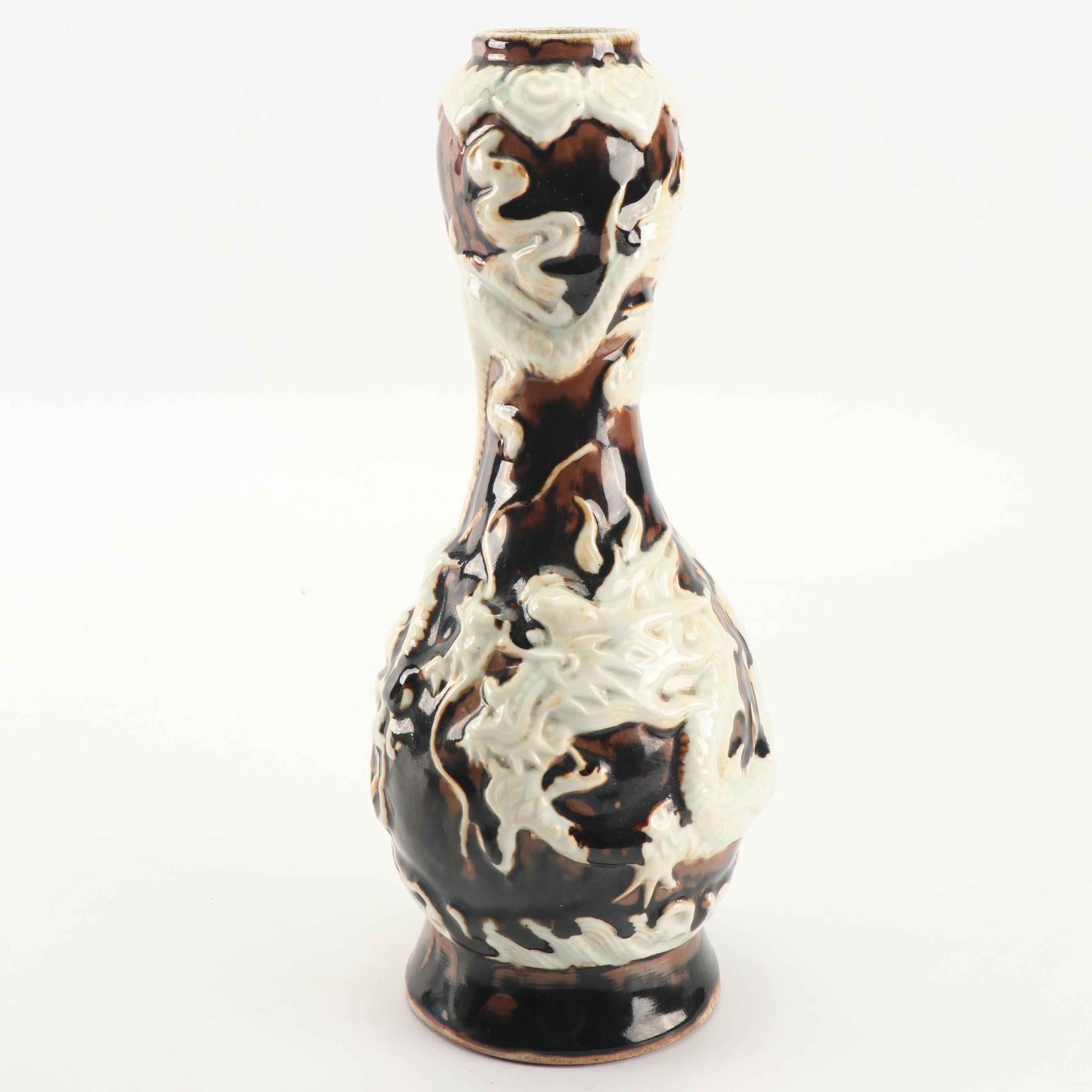 Chinese High Relief Dragon Vase and Celadon Glazed Vase with Overglaze Enamel