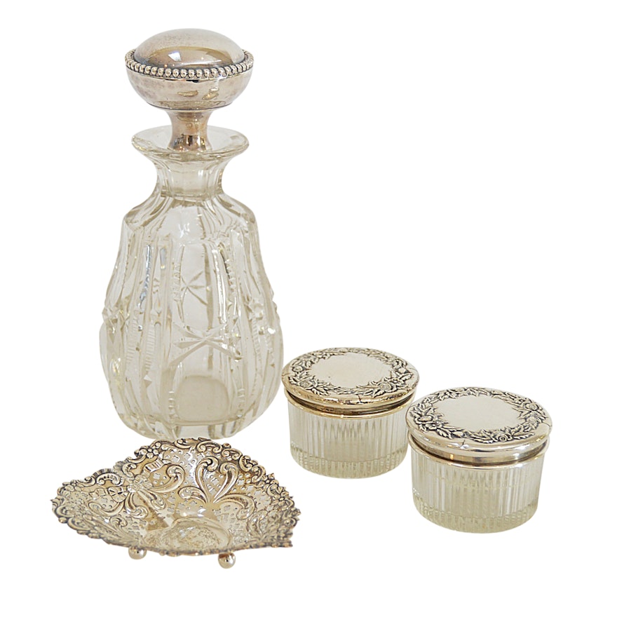 Gorham Sterling Dish, S. Kirk Sterling Lidded Jars, Sterling-Topped Bottle