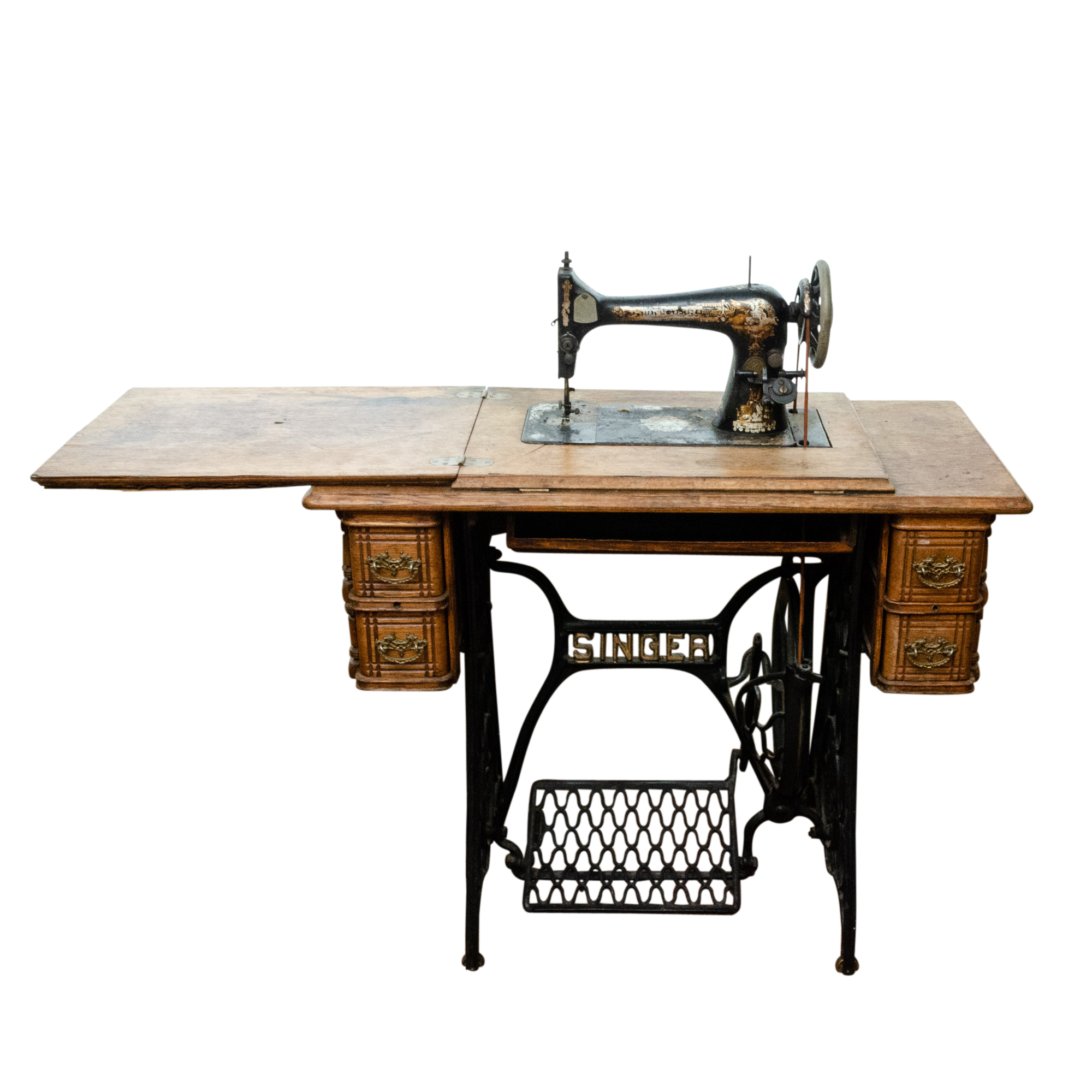 Antique Singer Sewing Machine in Oak Storage Cabinet