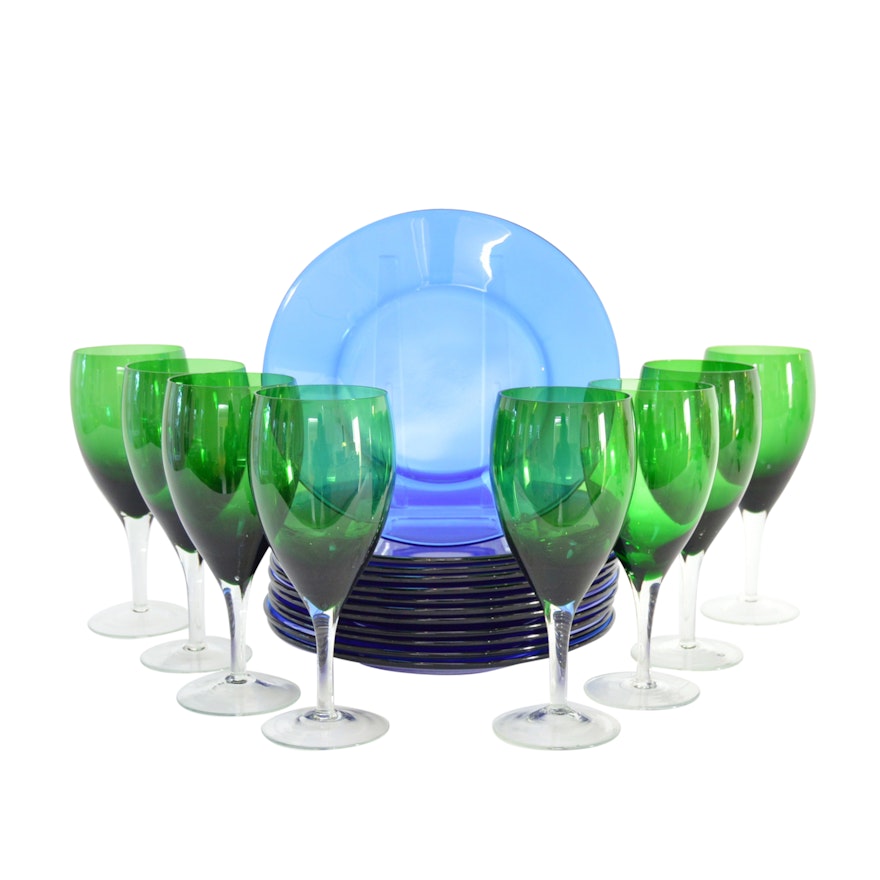 Vintage Cobalt Blue Glass Plates and Green Wine Glasses