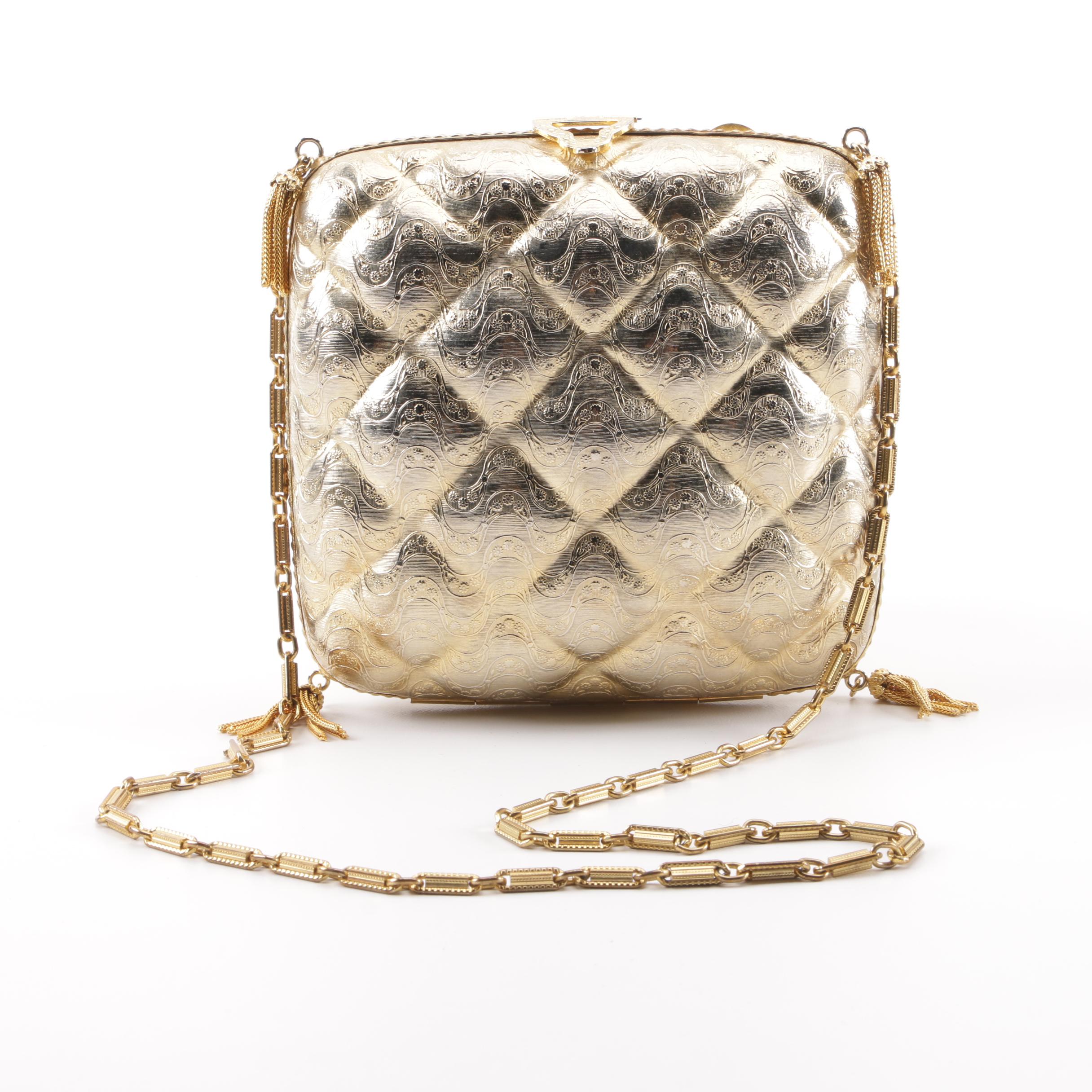 Italian Quilted Pattern Gold Tone Metal Floral Embossed Evening Bag with Tassels