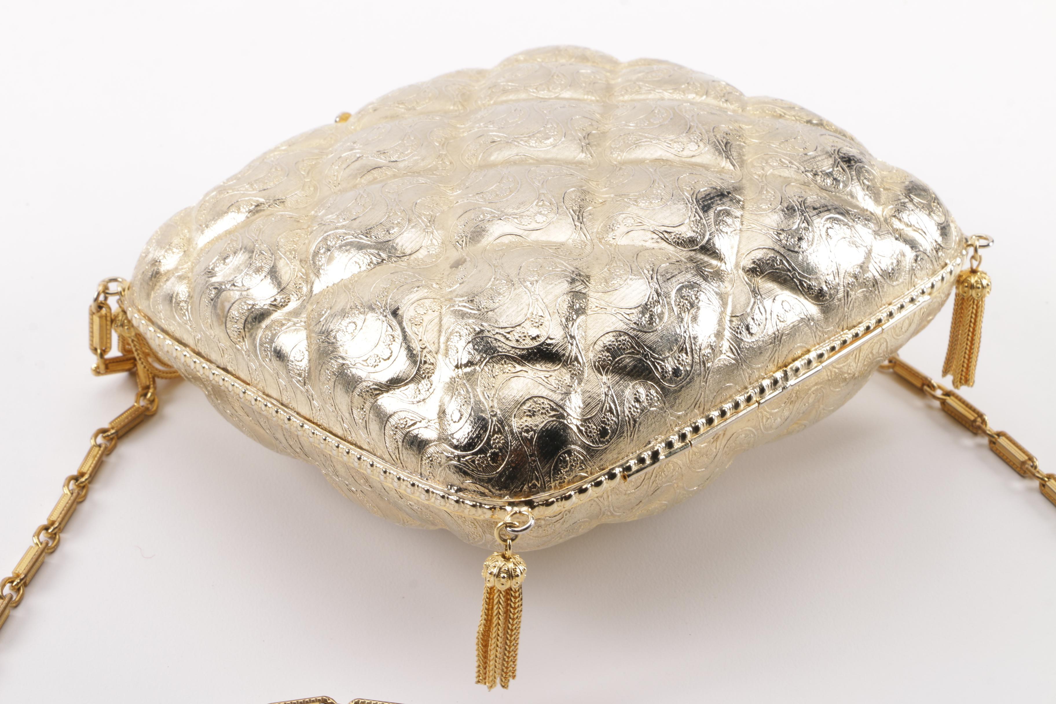 Italian Quilted Pattern Gold Tone Metal Floral Embossed Evening Bag with Tassels