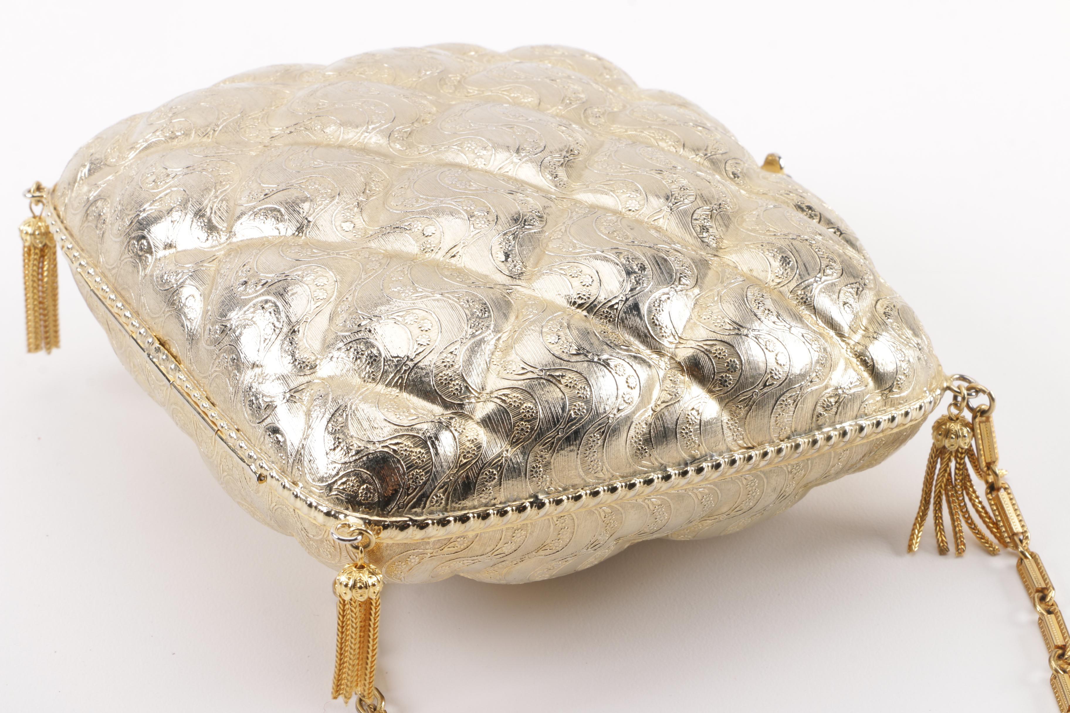 Italian Quilted Pattern Gold Tone Metal Floral Embossed Evening Bag with Tassels