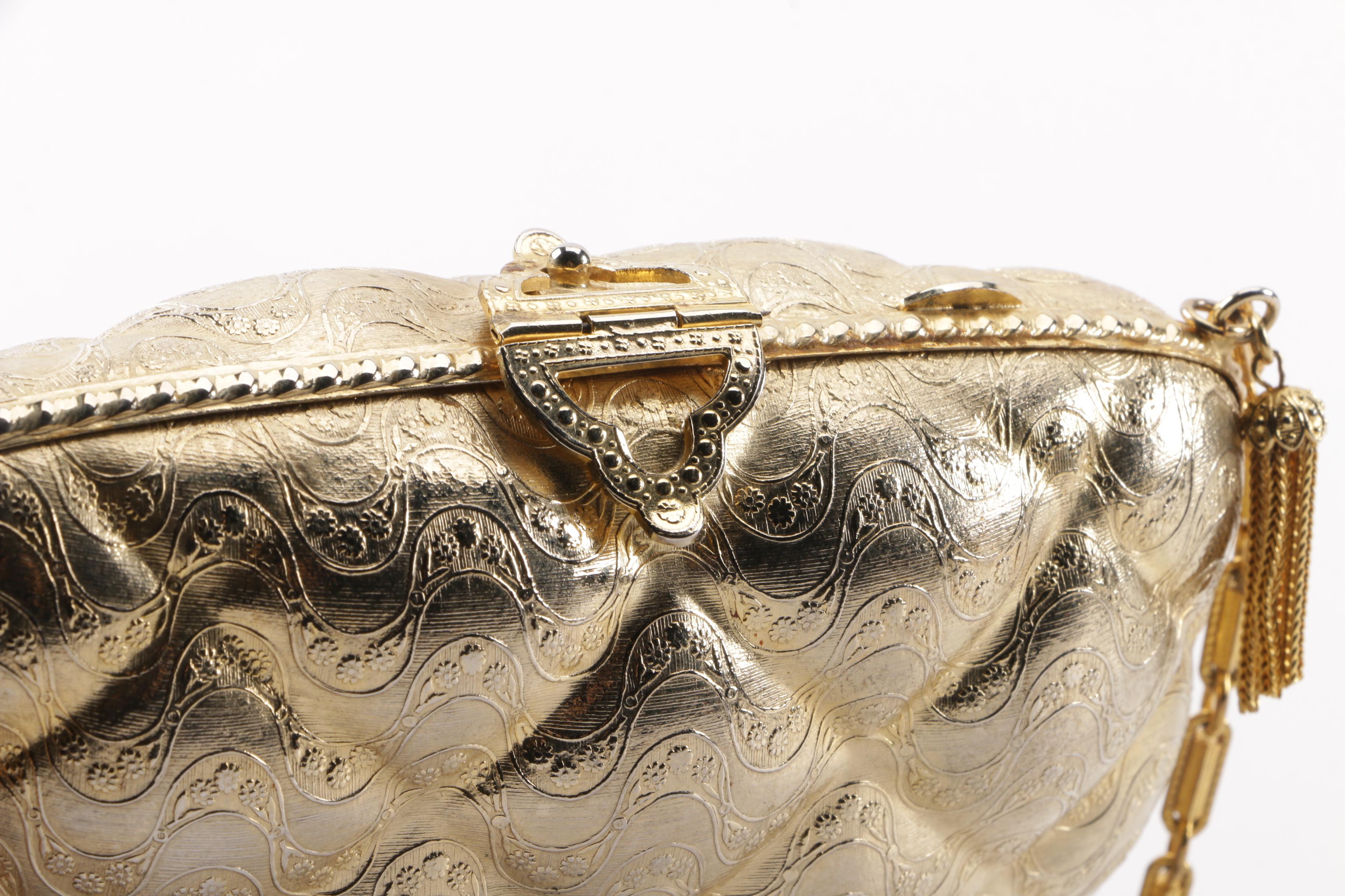 Italian Quilted Pattern Gold Tone Metal Floral Embossed Evening Bag with Tassels