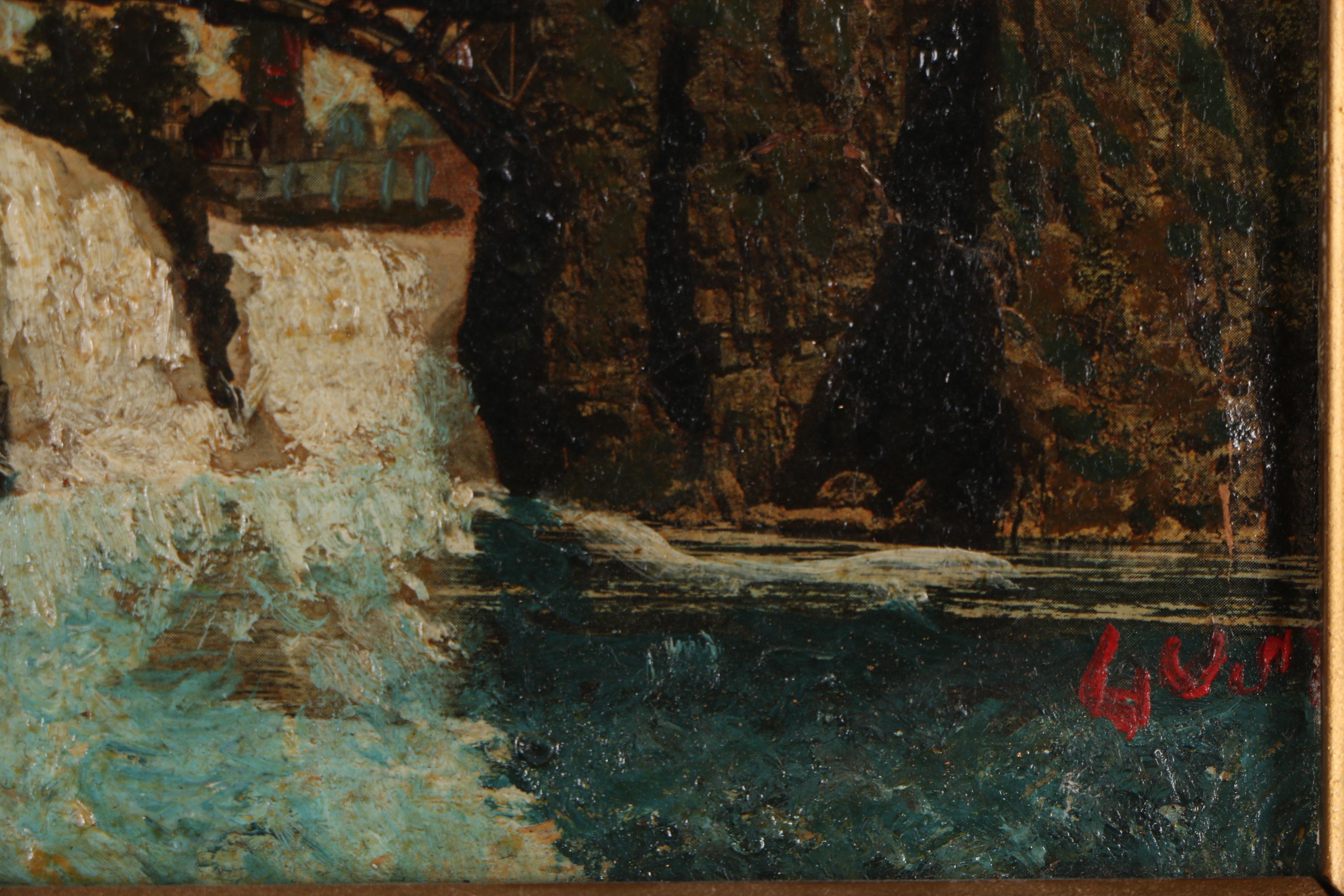 Miniature Oil Painting on Halftone Print "Pasaic Falls"