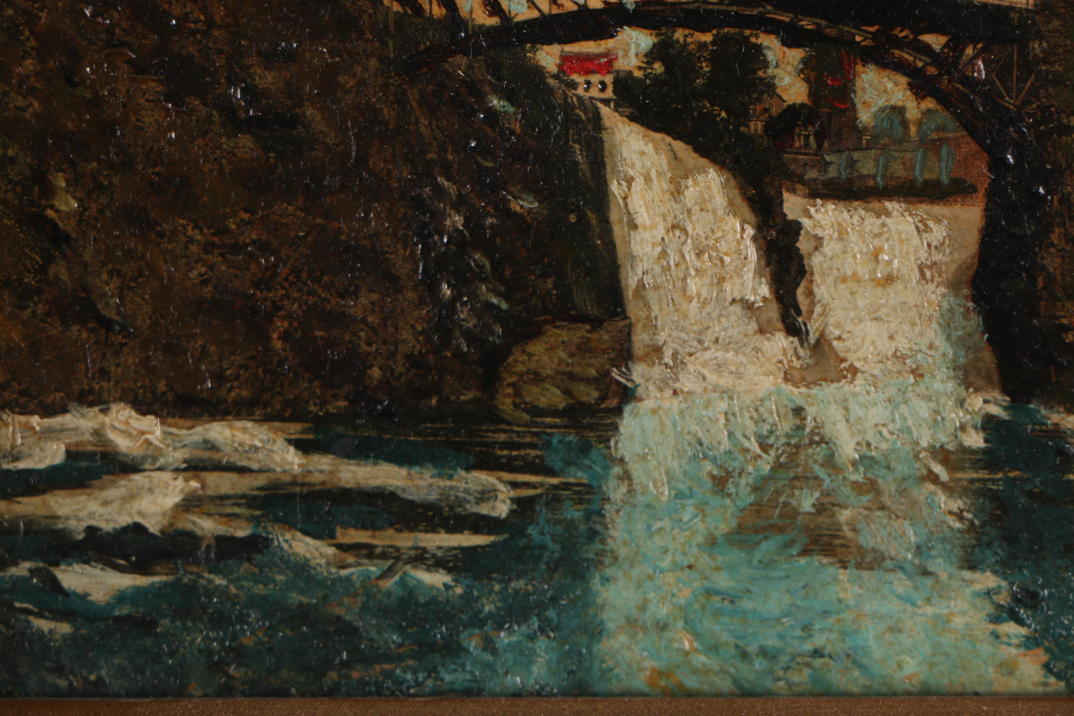 Miniature Oil Painting on Halftone Print "Pasaic Falls"