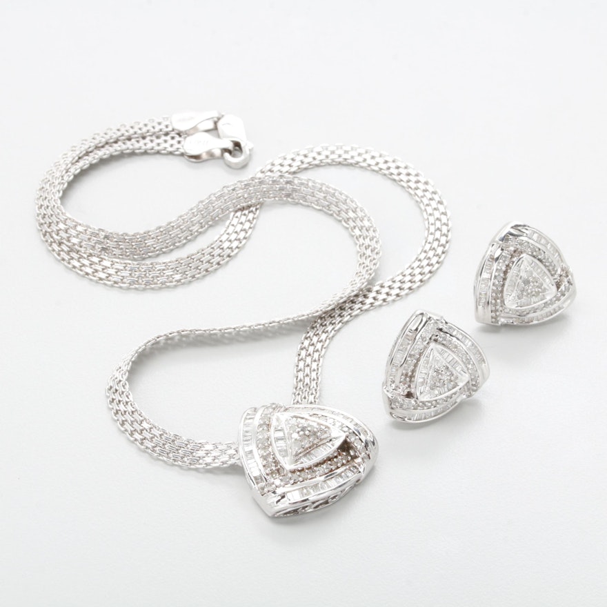 Sterling Silver Diamond Necklace and Earring Set