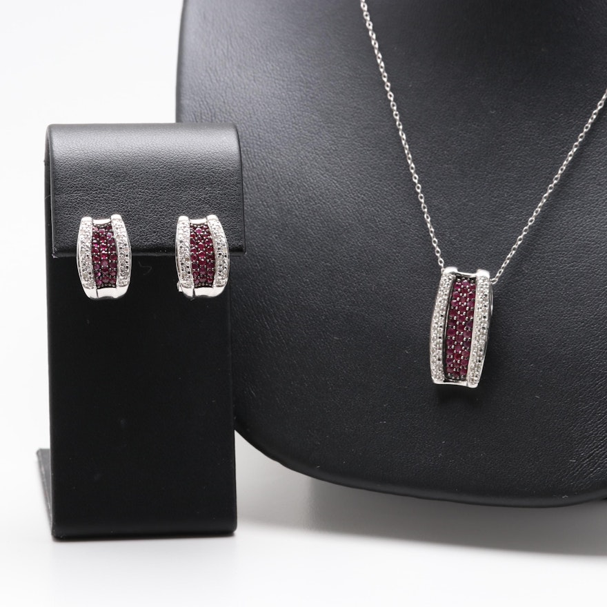 Michael Dreshler Sterling Silver Ruby and Diamond Necklace and Earrings