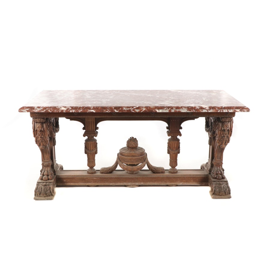 Renaissance Revival Carved Wood and Marble Console Table, 19th Century