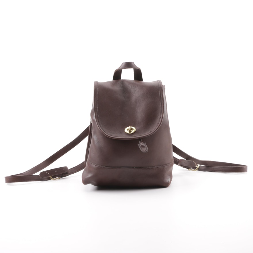 Vintage Coach Brown Leather Turnlock Flap Drawstring Daypack