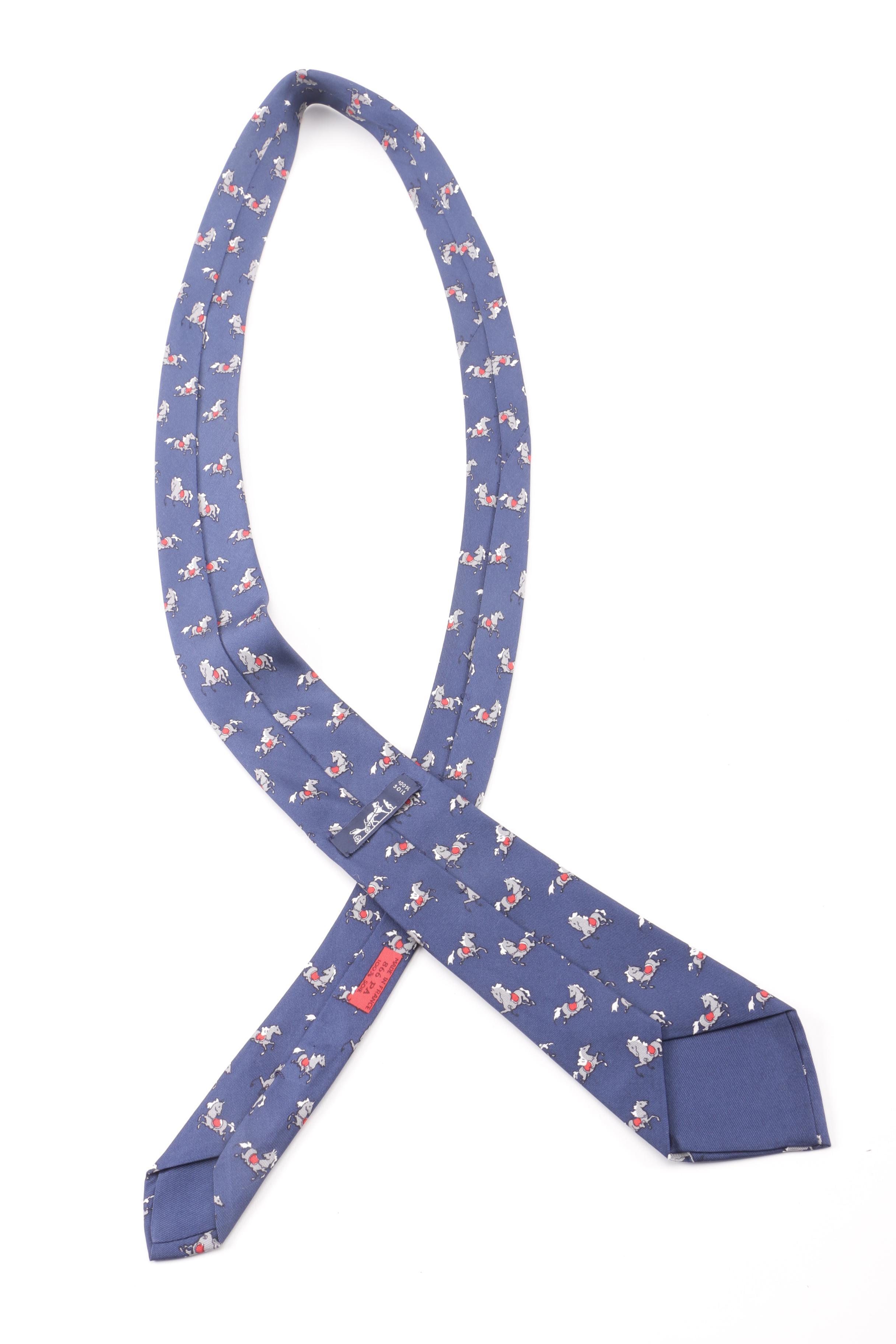 1970s-80s Vintage Hermès Paris Horse Pattern Silk Necktie